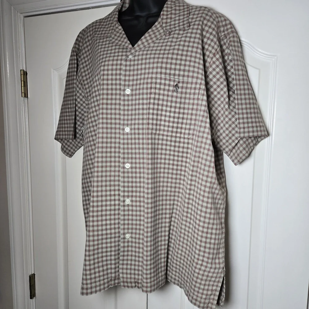 VTG Polo Ralph Lauren Adams Shirt Mens XL Tan Check  Loop Collar Short Sleeve‎
